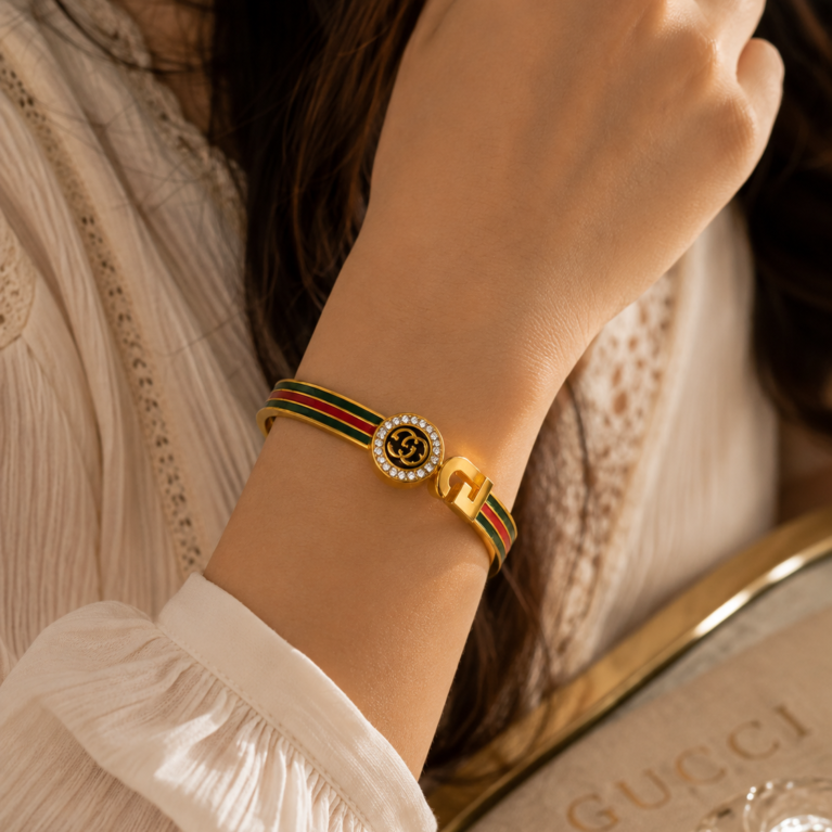Luxury Green & Red Enamel Gold Bangle
